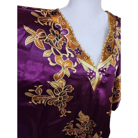 Purple & Gold Satin Kaftan Bohemian Boho Festival Hippy Maxi Pattern Print 70s - Picture 2 of 5